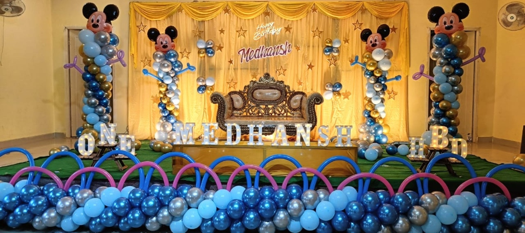 Medhansh 1 Royal Gold Drapery & Mickey Mouse Birthday Stage
