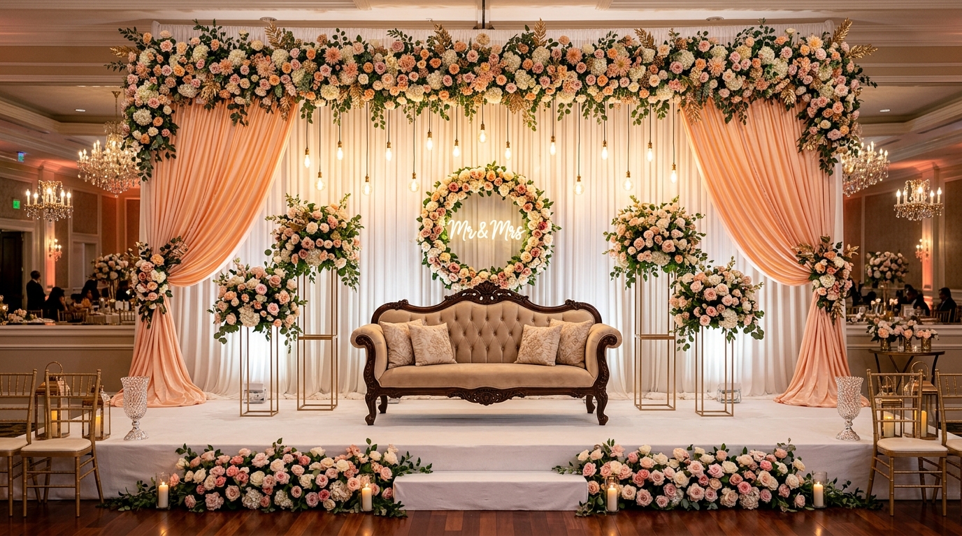 Blush Peach Floral Reception Stage with Edison Lights & Royal Tufted Sofa