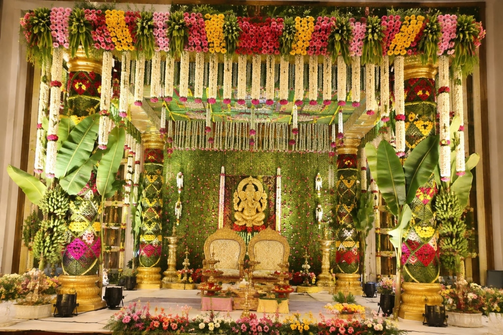 Imperial traditional South Indian banana plantain & golden Ganesha mandap