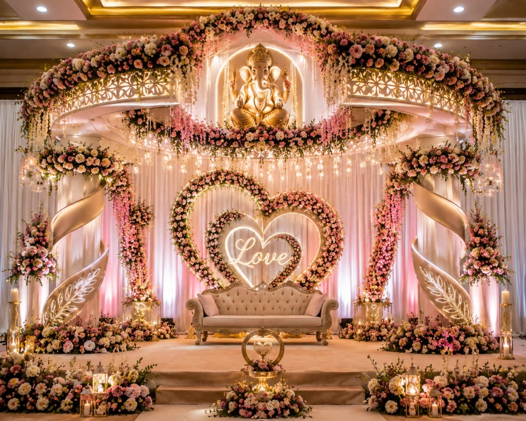 Double heart Love neon & golden Ganesha luxury wedding reception stage designed by Subhamasthu Events