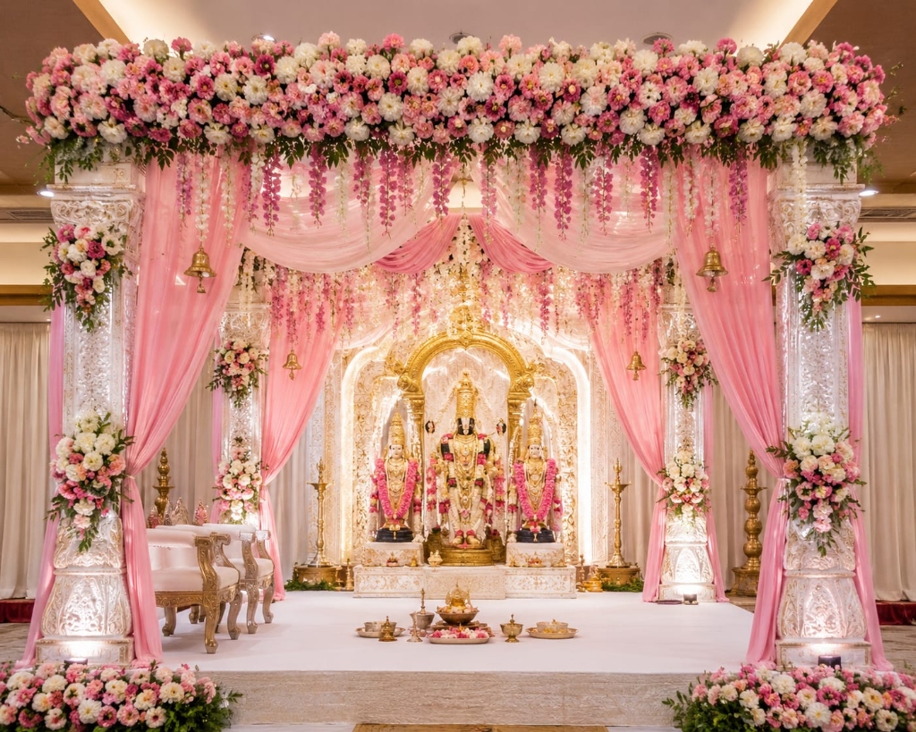 Sacred Tirupati Balaji & Padmavathi Palace Mandapam with Silver Carved Pillars & Pink Silk Drapes